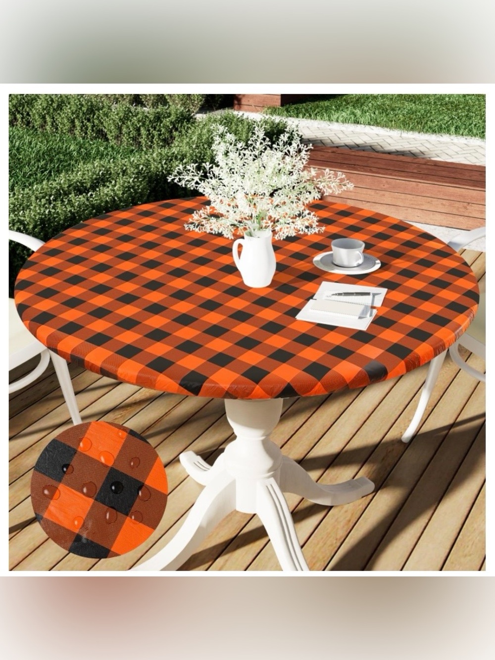 BUFFALO PLAID VINYL Tablecloth Flannel Back 36-44” Round - ORANGE & BLACK